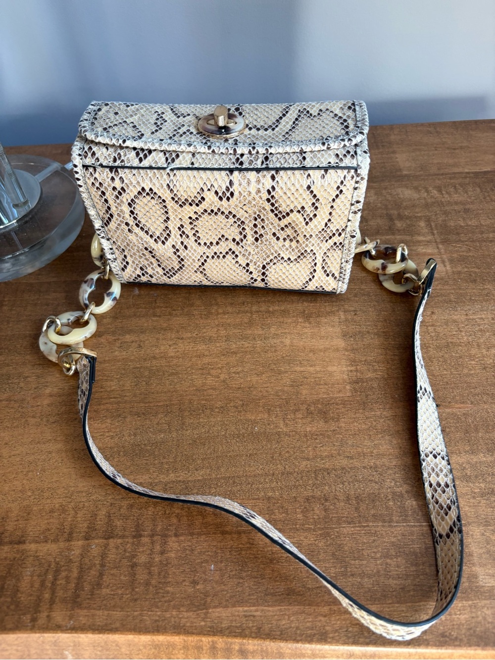 Topshop Beige Snake-Print Crossbody Bag with Chain-Link Strap